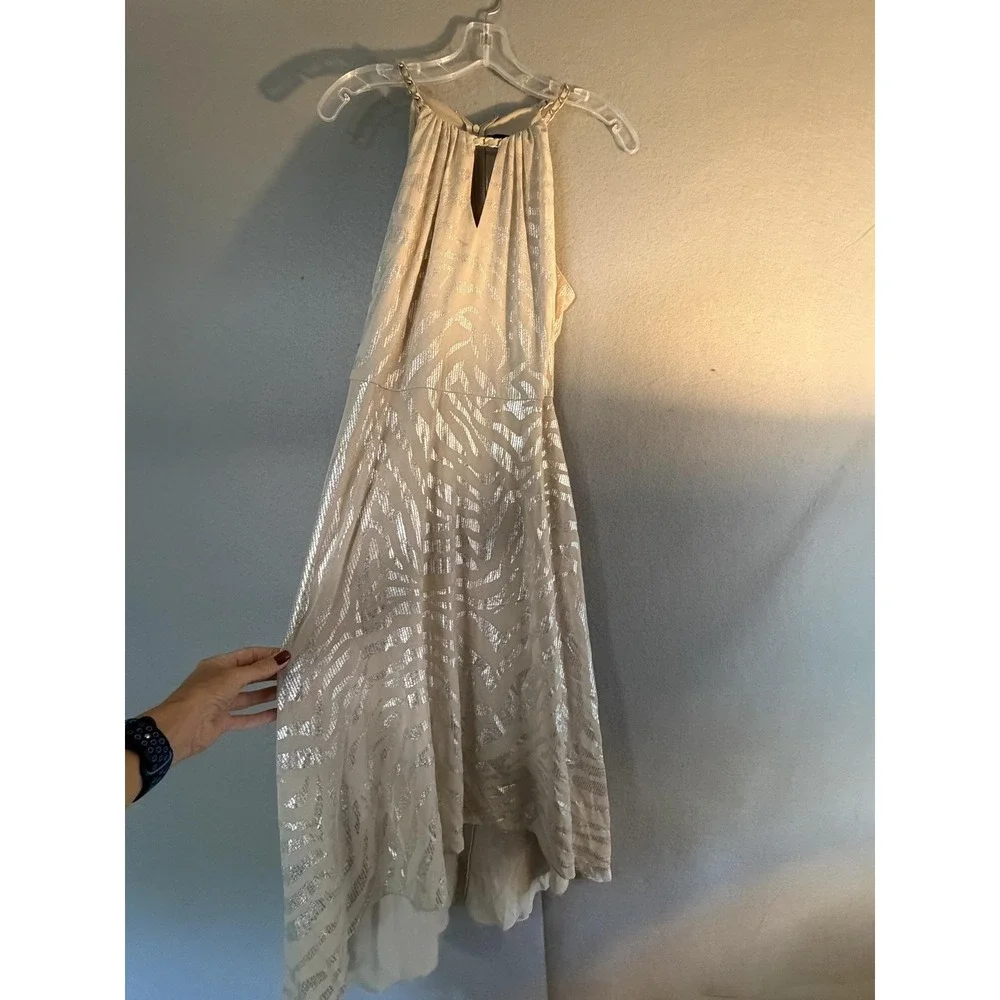 White House Black Market Dress Womens 8 Beige Metallic Halter Maxi Animal Print
